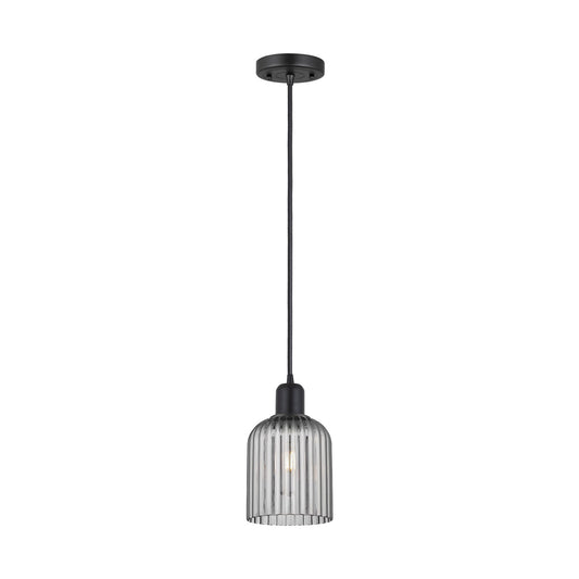 Innovations Bridal Veil 5in 1-Light Mini Pendant | Industrial Matte Black Steel and Light Smoke Ribbed Glass | Kitchen Island & | Model 900-1P-BK-G559-5SM