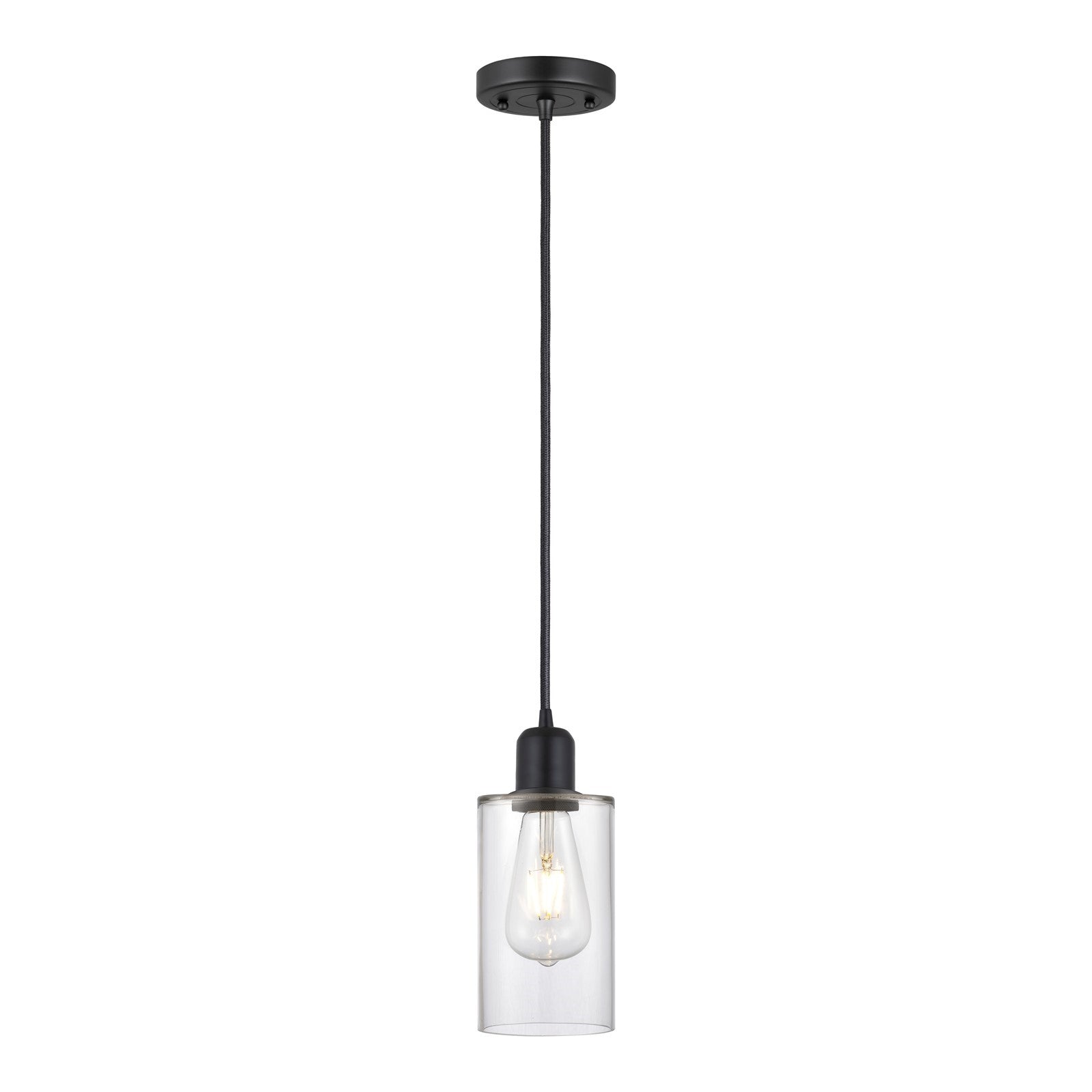 Innovations Clymer 4in 1-Light Mini Pendant | Industrial Matte Black Steel and Clear Glass | Kitchen Island | 4 x 4 x 9 in | Model 900-1P-BK-G802