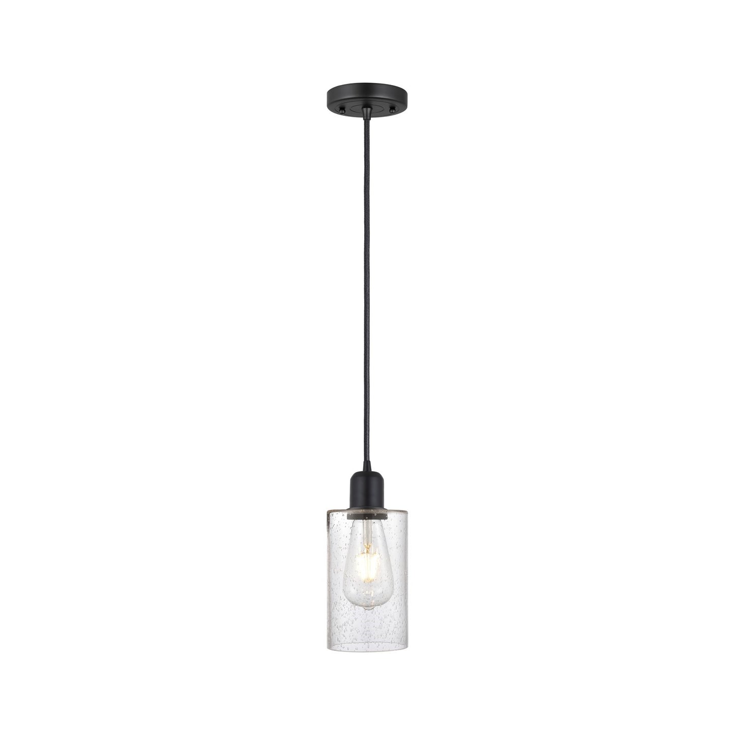 Innovations Clymer 4in 1-Light Mini Pendant | Industrial Matte Black Steel and Seedy Glass | Kitchen Island | 4 x 4 x 9 in | Model 900-1P-BK-G804