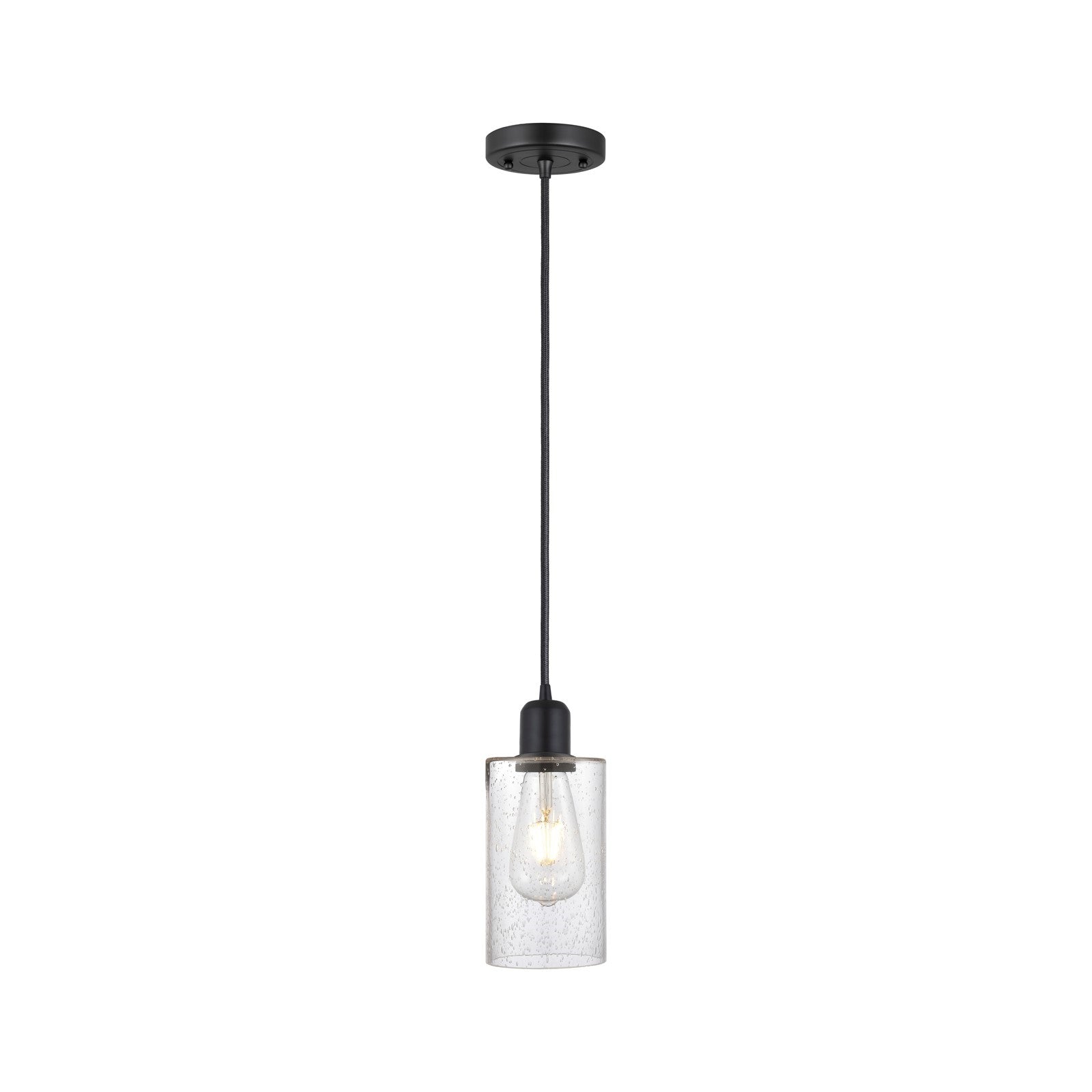 Innovations Clymer 4in 1-Light Mini Pendant | Industrial Matte Black Steel and Seedy Glass | Kitchen Island | 4 x 4 x 9 in | Model 900-1P-BK-G804