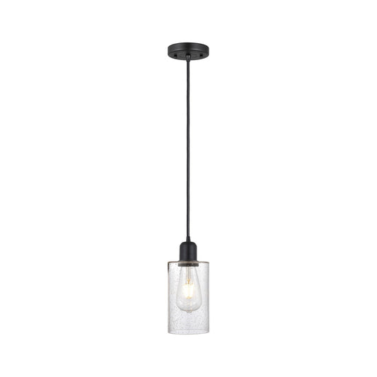 Innovations Clymer 4in 1-Light Mini Pendant | Industrial Matte Black Steel and Seedy Glass | Kitchen Island | 4 x 4 x 9 in | Model 900-1P-BK-G804