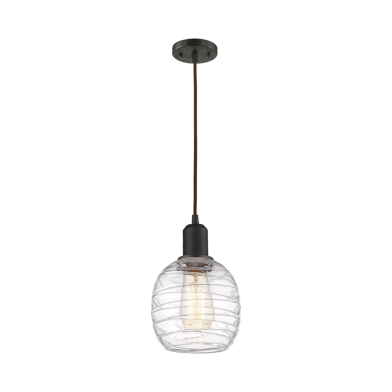 Innovations Belfast 6in 1-Light Mini Pendant | Industrial Oil Rubbed Bronze Steel and Deco Swirl Clear Glass | Kitchen Island & | Model 900-1P-OB-G1013