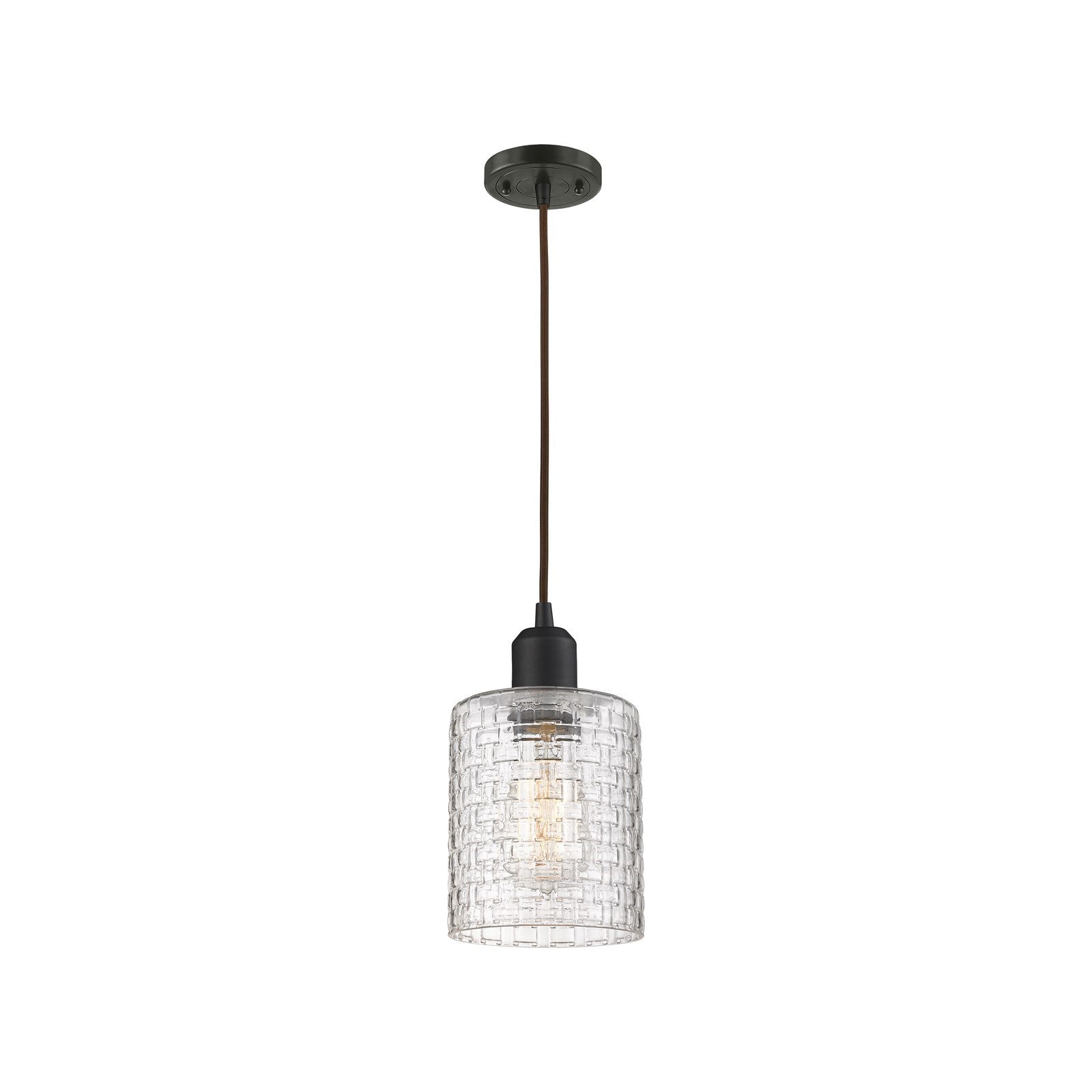 Innovations Cobbleskill 5in 1-Light Mini Pendant | Industrial Oil Rubbed Bronze Steel and Clear Basket Weave Glass | Kitchen | Model 900-1P-OB-G112C-5CL