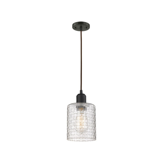 Innovations Cobbleskill 5in 1-Light Mini Pendant | Industrial Oil Rubbed Bronze Steel and Clear Basket Weave Glass | Kitchen | Model 900-1P-OB-G112C-5CL