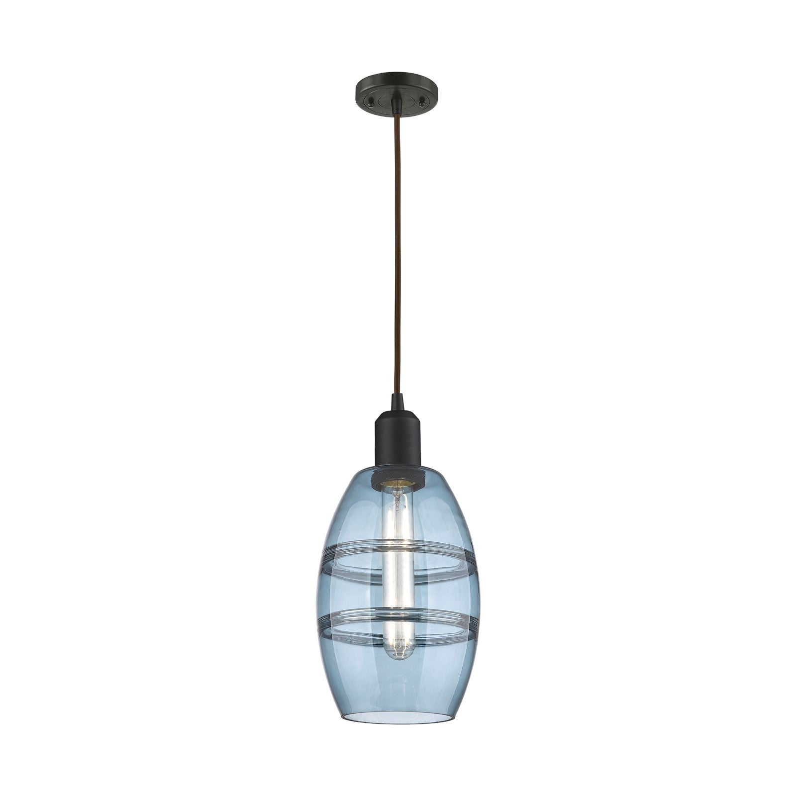 Innovations Vaz 6in 1-Light Mini Pendant | Industrial Oil Rubbed Bronze Steel and Blue Glass | Kitchen Island & Dining Room | Model 900-1P-OB-G557-6BL