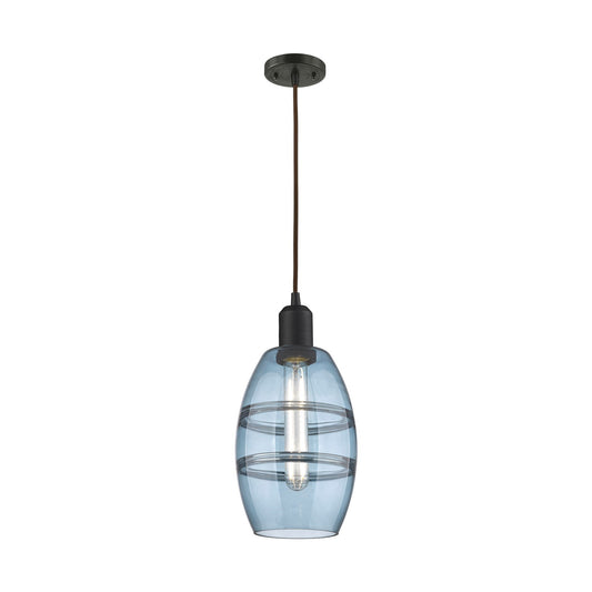 Innovations Vaz 6in 1-Light Mini Pendant | Industrial Oil Rubbed Bronze Steel and Blue Glass | Kitchen Island & Dining Room | Model 900-1P-OB-G557-6BL