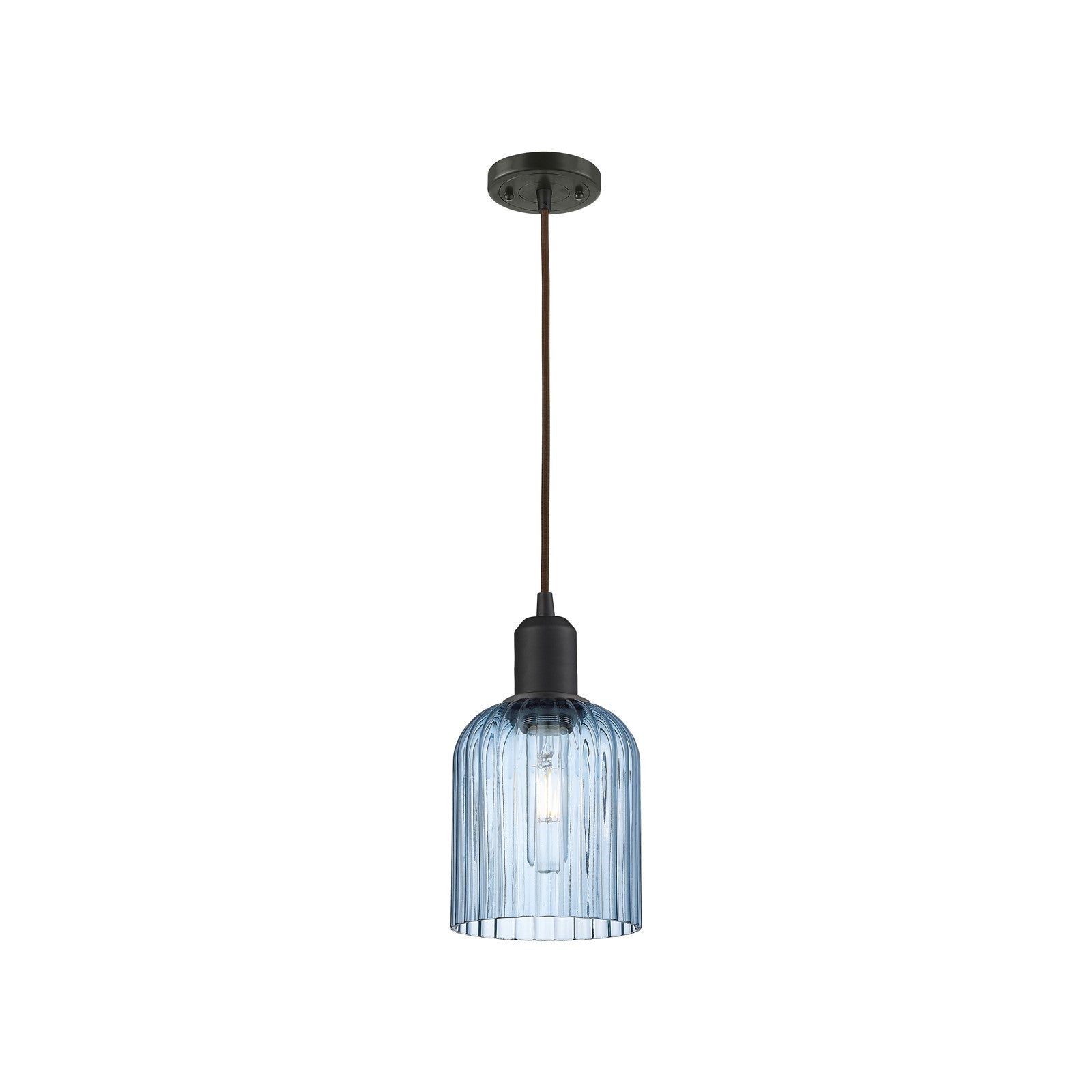 Innovations Bridal Veil 5in 1-Light Mini Pendant | Industrial Oil Rubbed Bronze Steel and Princess Blue Ribbed Glass | Kitchen | Model 900-1P-OB-G559-5BL