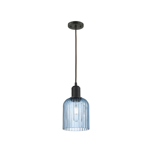 Innovations Bridal Veil 5in 1-Light Mini Pendant | Industrial Oil Rubbed Bronze Steel and Princess Blue Ribbed Glass | Kitchen | Model 900-1P-OB-G559-5BL