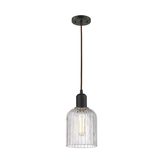 Innovations Bridal Veil 5in 1-Light Mini Pendant | Industrial Oil Rubbed Bronze Steel and Clear Ribbed Glass | Kitchen Island | Model 900-1P-OB-G559-5CL