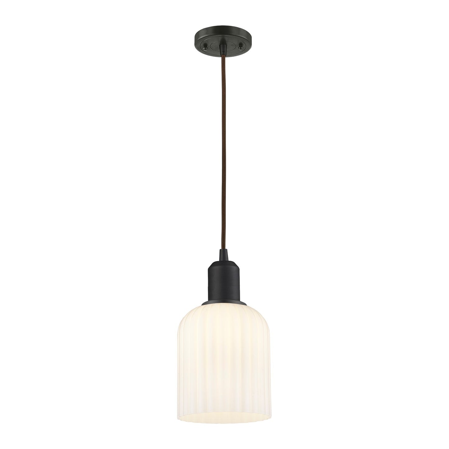 Innovations Bridal Veil 5in 1-Light Mini Pendant | Industrial Oil Rubbed Bronze Steel and Gloss White Ribbed Glass | Kitchen | Model 900-1P-OB-G559-5GWH