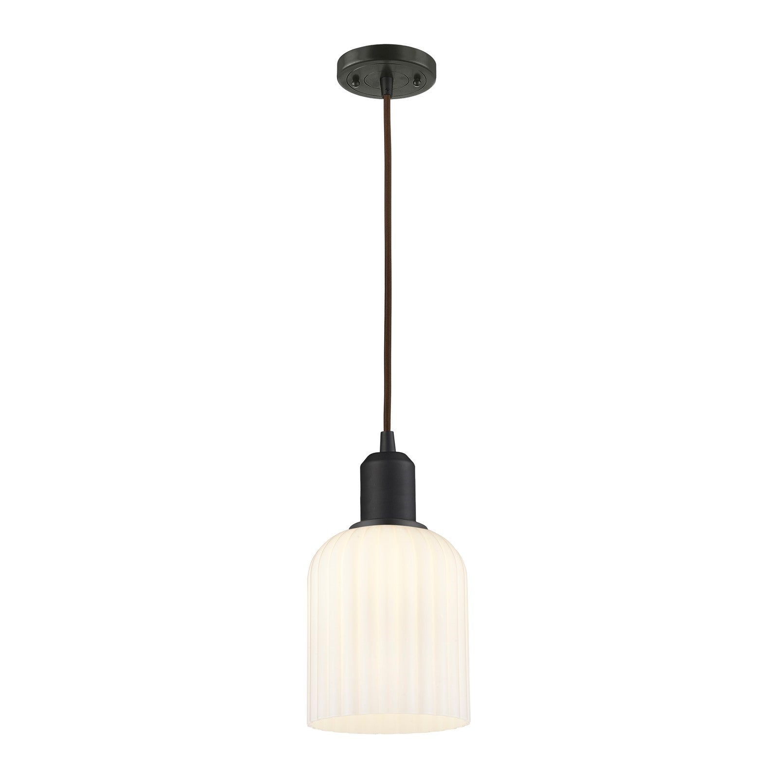 Innovations Bridal Veil 5in 1-Light Mini Pendant | Industrial Oil Rubbed Bronze Steel and Gloss White Ribbed Glass | Kitchen | Model 900-1P-OB-G559-5GWH
