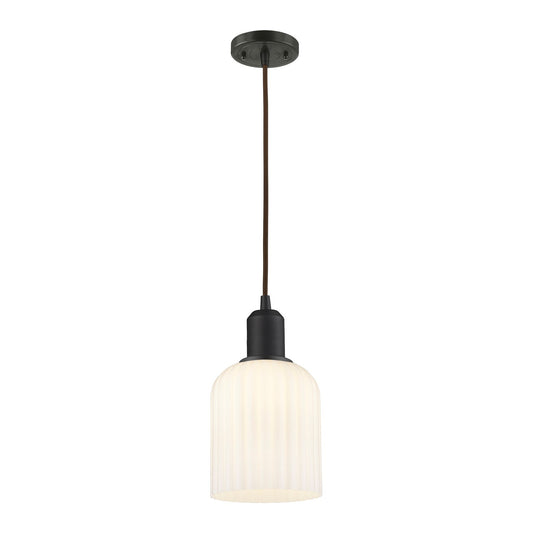 Innovations Bridal Veil 5in 1-Light Mini Pendant | Industrial Oil Rubbed Bronze Steel and Gloss White Ribbed Glass | Kitchen | Model 900-1P-OB-G559-5GWH