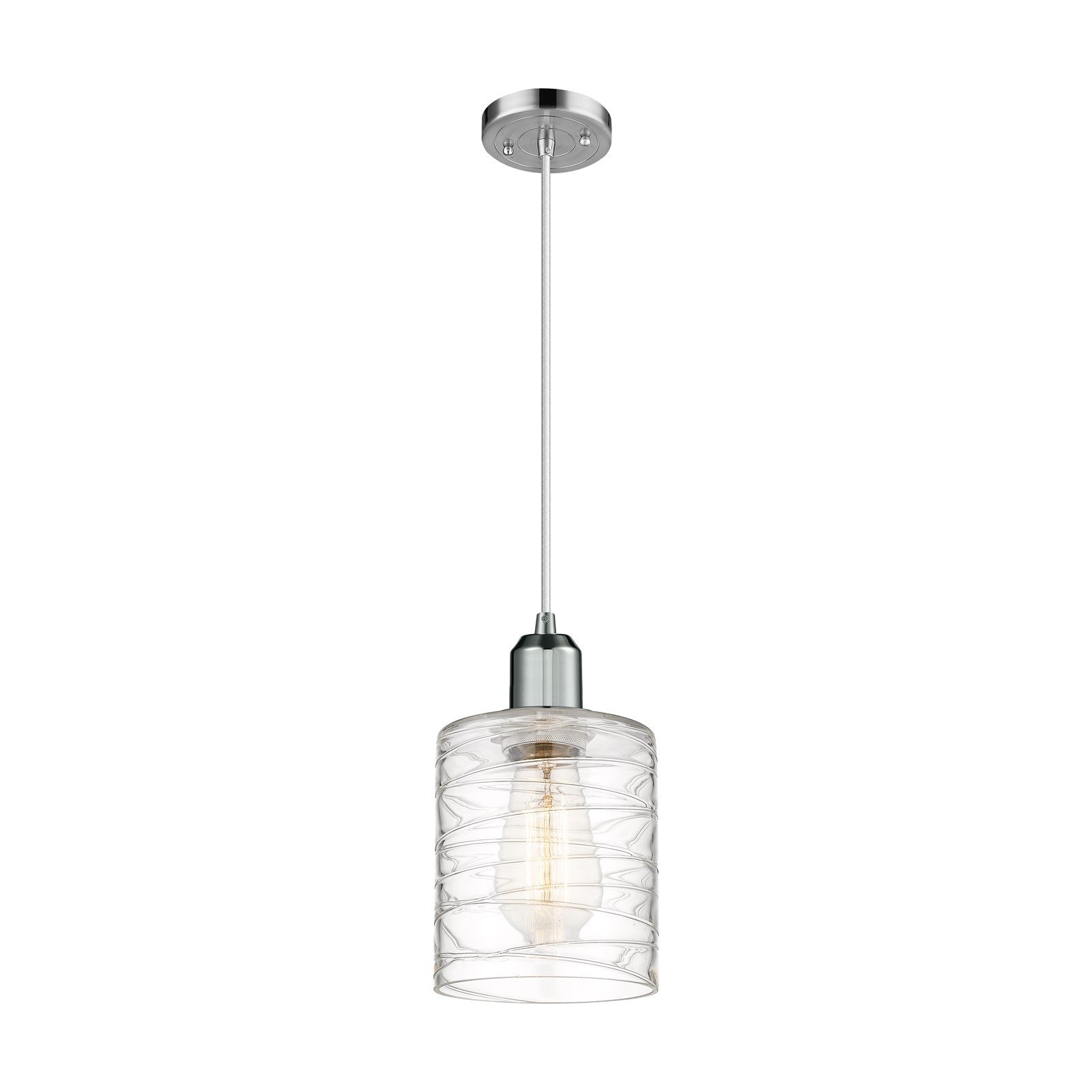 Innovations Cobbleskill 5in 1-Light Mini Pendant | Industrial Polished Chrome Steel and Clear Deco Swirl Glass | Kitchen Island & | Model 900-1P-PC-G1113