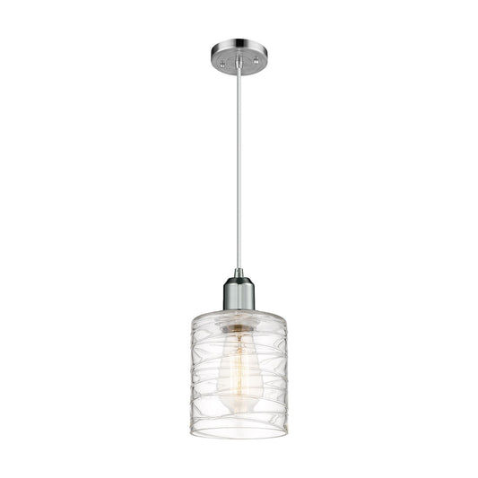Innovations Cobbleskill 5in 1-Light Mini Pendant | Industrial Polished Chrome Steel and Clear Deco Swirl Glass | Kitchen Island & | Model 900-1P-PC-G1113