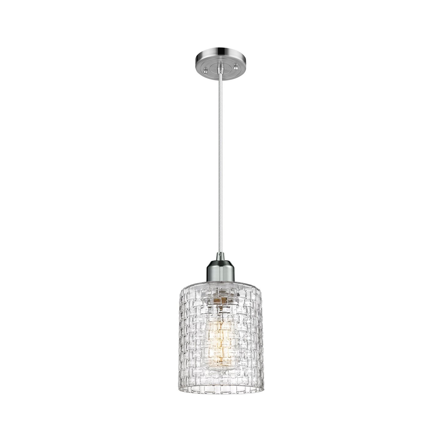 Innovations Cobbleskill 5in 1-Light Mini Pendant | Industrial Polished Chrome Steel and Clear Basket Weave Glass | Kitchen | Model 900-1P-PC-G112C-5CL