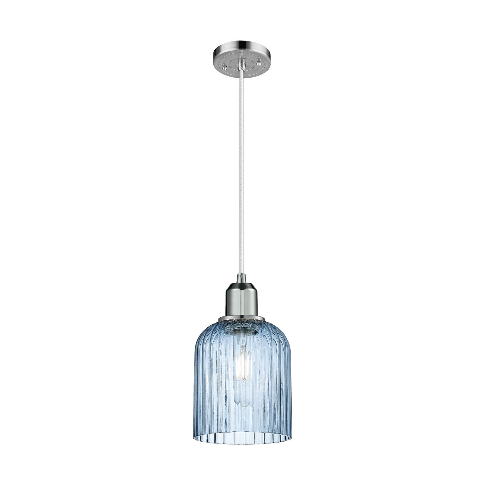 Innovations Bridal Veil 5in 1-Light Mini Pendant | Industrial Polished Chrome Steel and Princess Blue Ribbed Glass | Kitchen | Model 900-1P-PC-G559-5BL