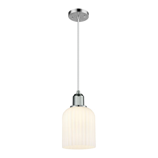 Innovations Bridal Veil 5in 1-Light Mini Pendant | Industrial Polished Chrome Steel and Gloss White Ribbed Glass Bell Shade | Model 900-1P-PC-G559-5GWH