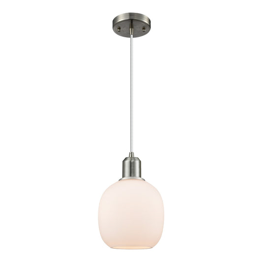 Innovations Lighting Belfast 6in 1-Light Mini Pendant | Industrial Brushed Satin Nickel Steel and Cased Matte White Glass | Kitchen | Model 900-1P-SN-G101
