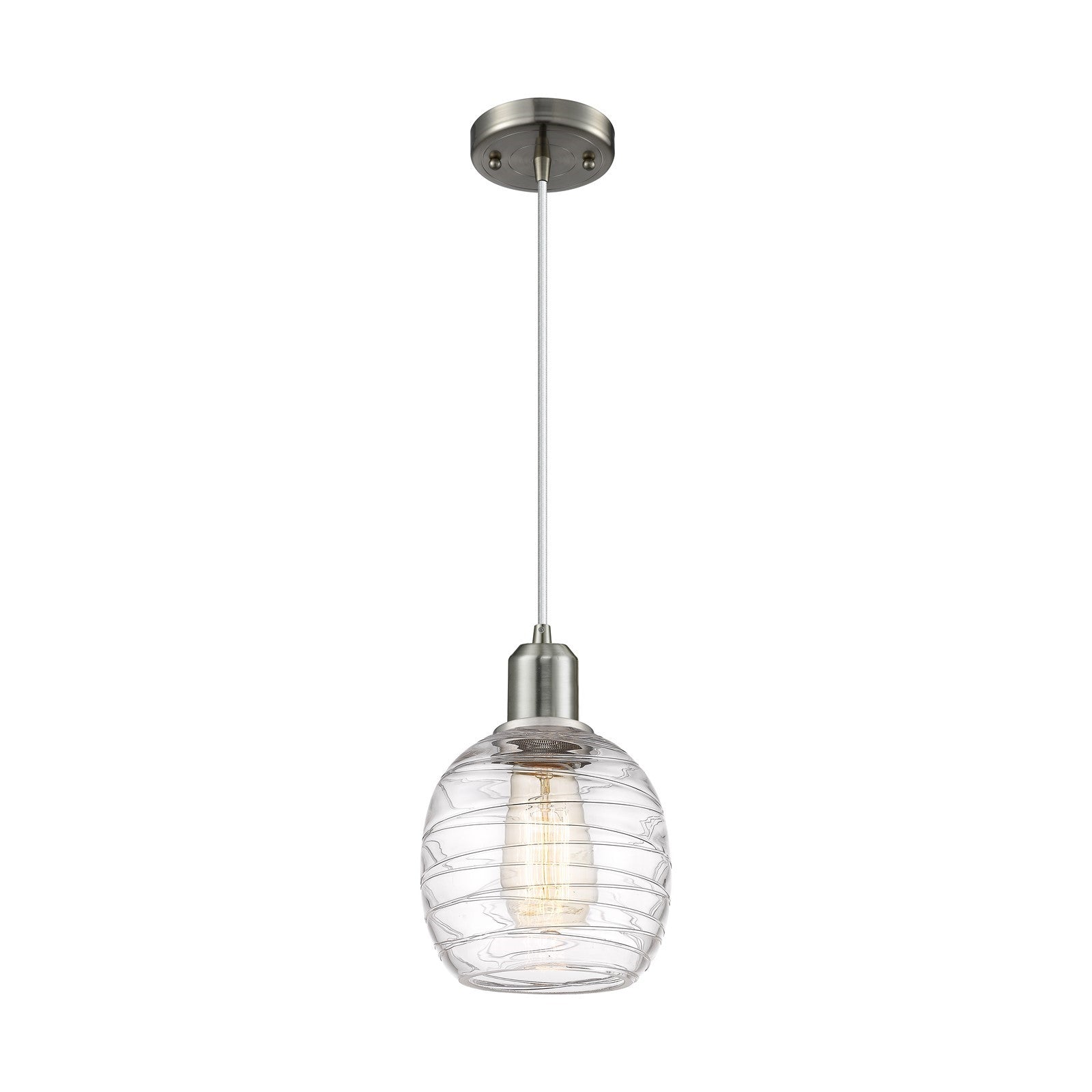Innovations Belfast 6in 1-Light Mini Pendant | Industrial Brushed Satin Nickel Steel and Deco Swirl Glass | Kitchen Island & | Model 900-1P-SN-G1013