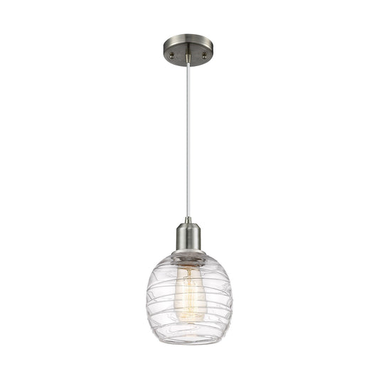 Innovations Belfast 6in 1-Light Mini Pendant | Industrial Brushed Satin Nickel Steel and Deco Swirl Glass | Kitchen Island & | Model 900-1P-SN-G1013