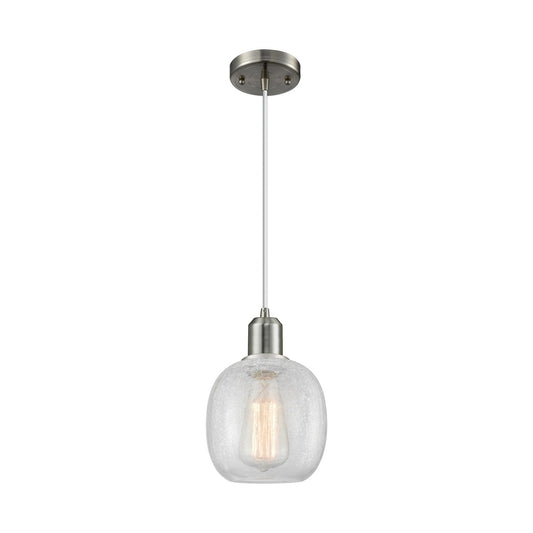 Innovations Belfast 6in 1-Light Mini Pendant | Industrial Brushed Satin Nickel Steel and Clear Crackle Glass | Kitchen Island & | Model 900-1P-SN-G105