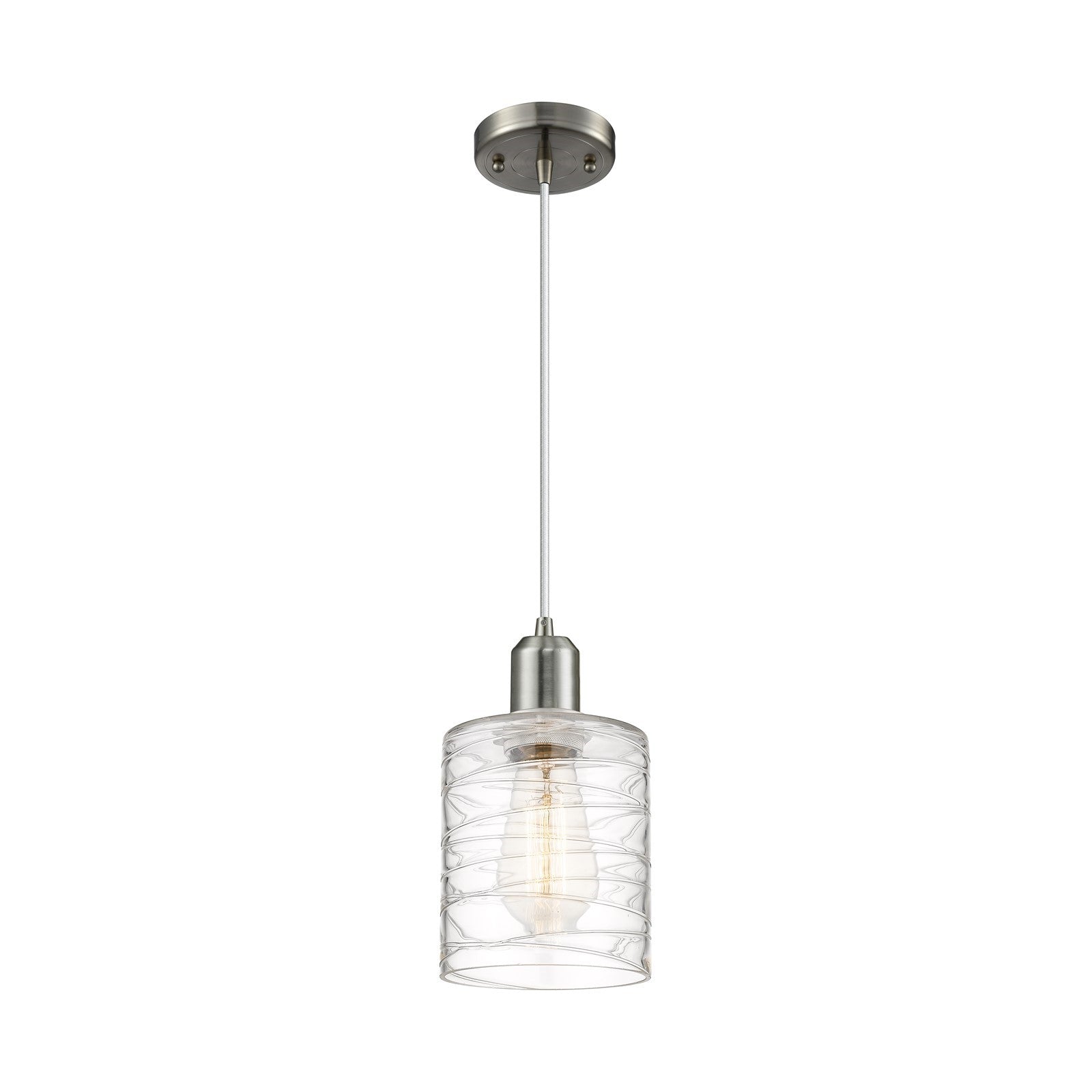 Innovations Cobbleskill 5in 1-Light Mini Pendant | Industrial Brushed Satin Nickel Steel and Deco Swirl Glass | Kitchen Island & | Model 900-1P-SN-G1113