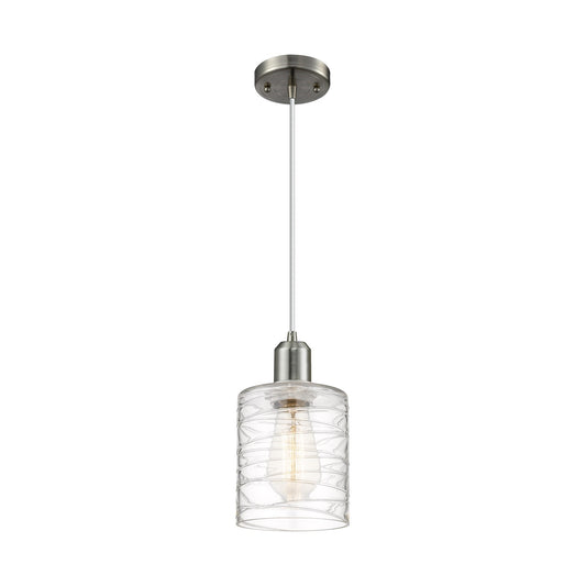 Innovations Cobbleskill 5in 1-Light Mini Pendant | Industrial Brushed Satin Nickel Steel and Deco Swirl Glass | Kitchen Island & | Model 900-1P-SN-G1113