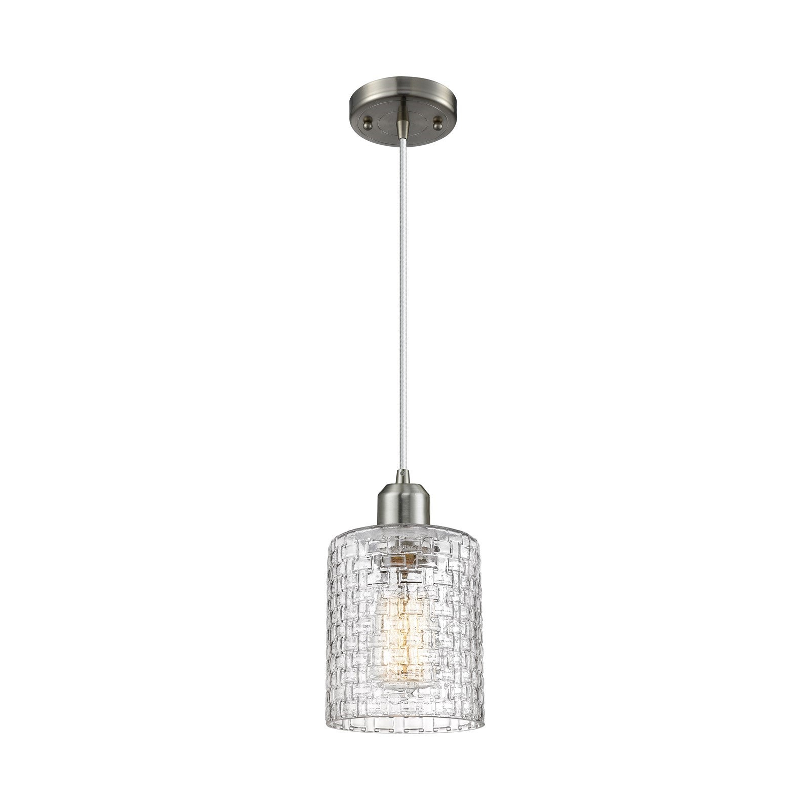 Innovations Cobbleskill 5in 1-Light Mini Pendant | Industrial Brushed Satin Nickel Steel and Clear Basket Weave Glass | Model 900-1P-SN-G112C-5CL