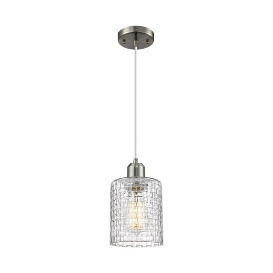 Innovations Cobbleskill 5in 1-Light Mini Pendant | Industrial Brushed Satin Nickel Steel and Clear Basket Weave Glass | Model 900-1P-SN-G112C-5CL