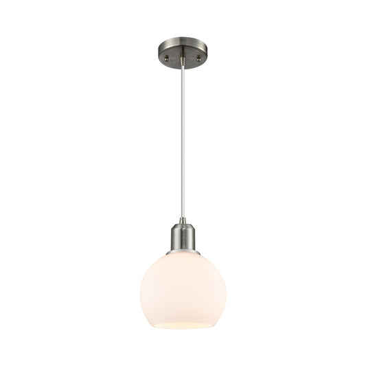 Innovations Athens 6in 1-Light Mini Pendant | Industrial Brushed Satin Nickel and Matte White Glass | Kitchen Island & Dining | Model 900-1P-SN-G121-6