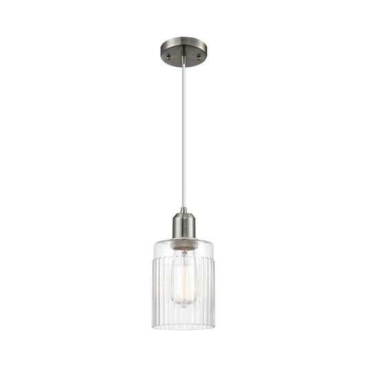 Innovations Hadley 4.5in 1-Light Mini Pendant | Industrial Brushed Satin Nickel Steel and Clear Ribbed Glass | Kitchen Island & | Model 900-1P-SN-G342