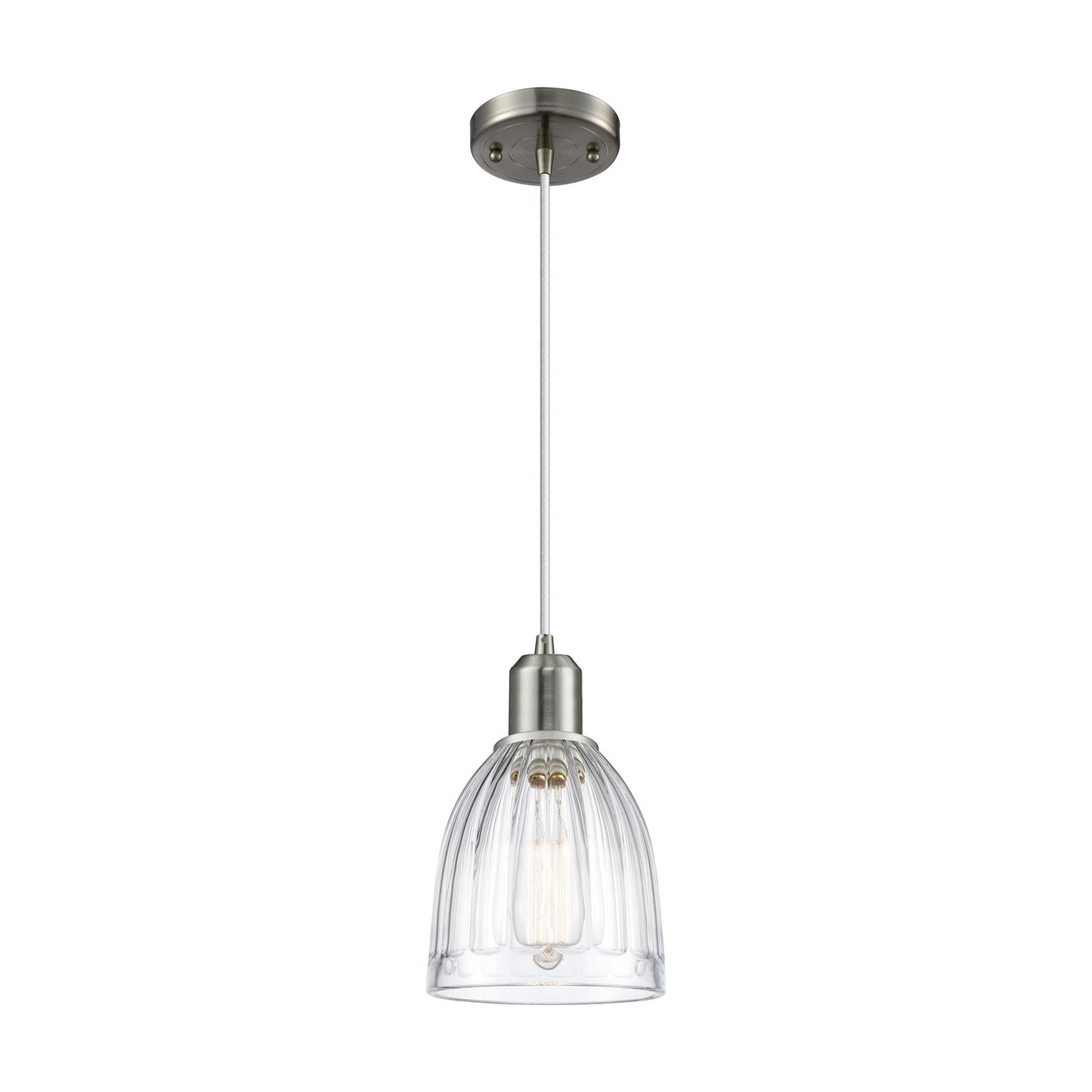 Innovations Brookfield 6in 1-Light Mini Pendant | Industrial Brushed Satin Nickel Steel and Clear Ribbed Glass | Kitchen Island & | Model 900-1P-SN-G442
