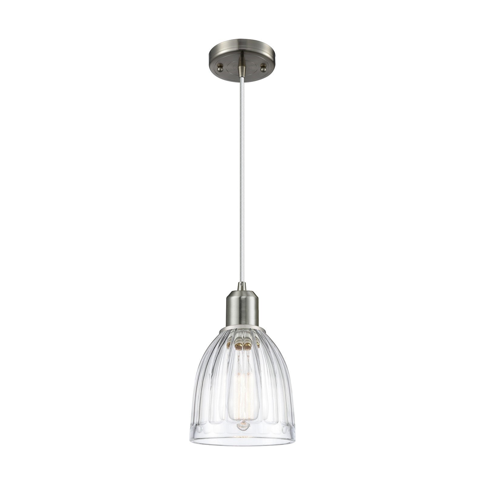 Innovations Brookfield 6in 1-Light Mini Pendant | Industrial Brushed Satin Nickel Steel and Clear Ribbed Glass | Kitchen Island & | Model 900-1P-SN-G442