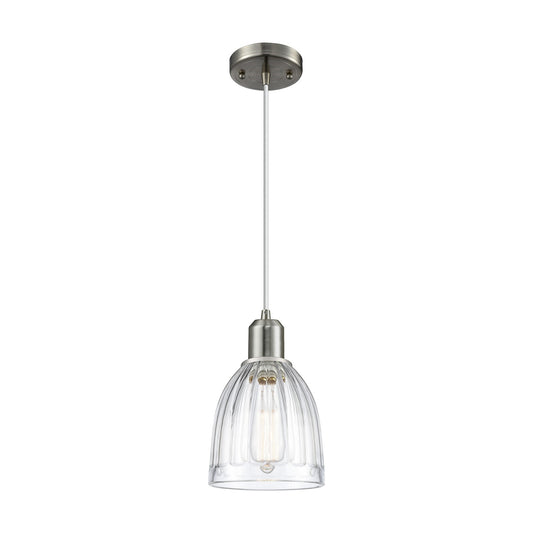 Innovations Brookfield 6in 1-Light Mini Pendant | Industrial Brushed Satin Nickel Steel and Clear Ribbed Glass | Kitchen Island & | Model 900-1P-SN-G442