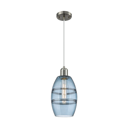 Innovations Vaz 6in 1-Light Mini Pendant | Industrial Brushed Satin Nickel and Blue Glass | Kitchen Island & Dining Room | Model 900-1P-SN-G557-6BL