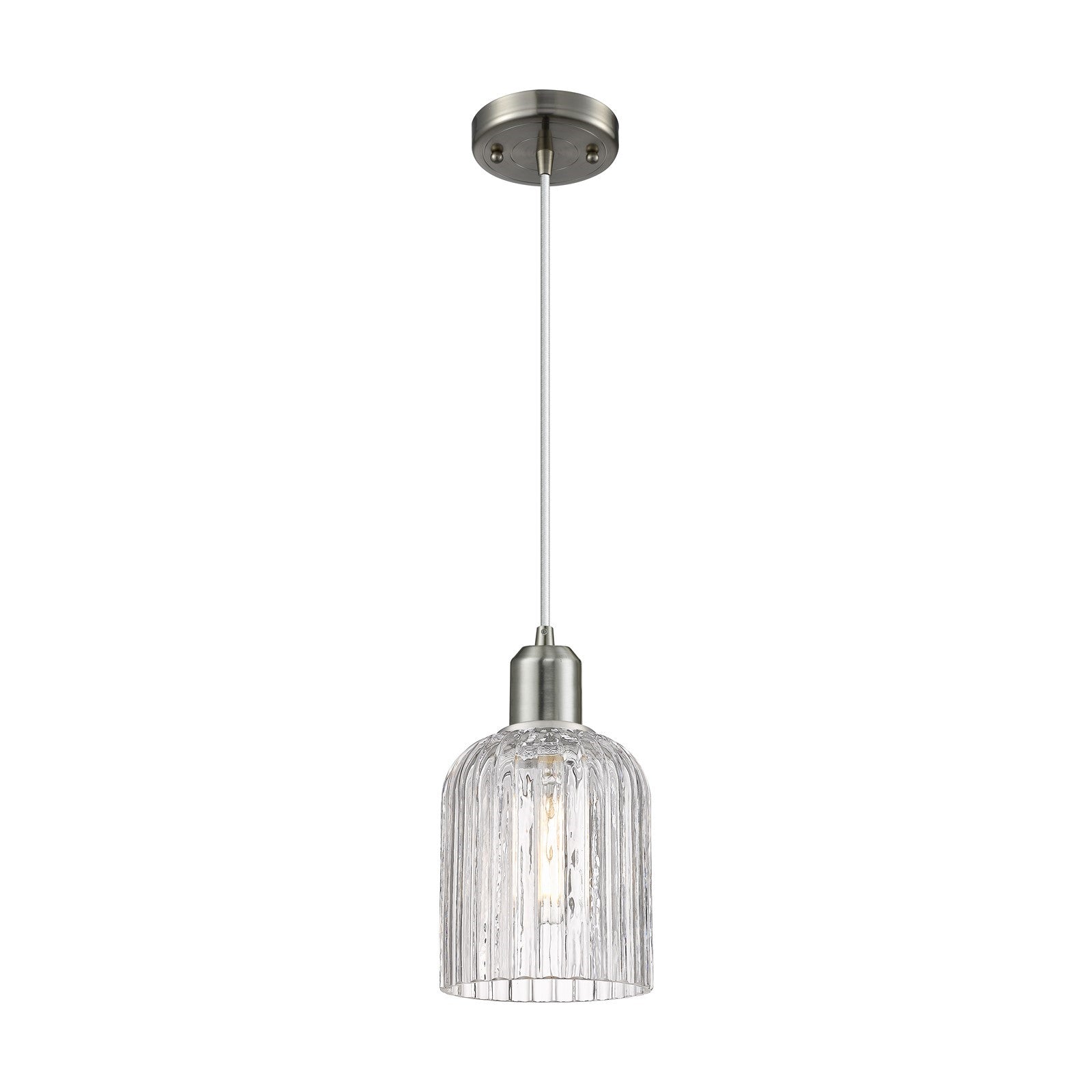Innovations Bridal Veil 5in 1-Light Mini Pendant | Industrial Brushed Satin Nickel Steel and Clear Ribbed Glass | Kitchen | Model 900-1P-SN-G559-5CL