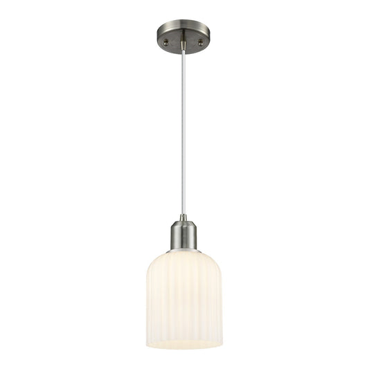 Innovations Bridal Veil 5in 1-Light Mini Pendant | Industrial Brushed Satin Nickel and Gloss White Ribbed Glass | Kitchen | Model 900-1P-SN-G559-5GWH