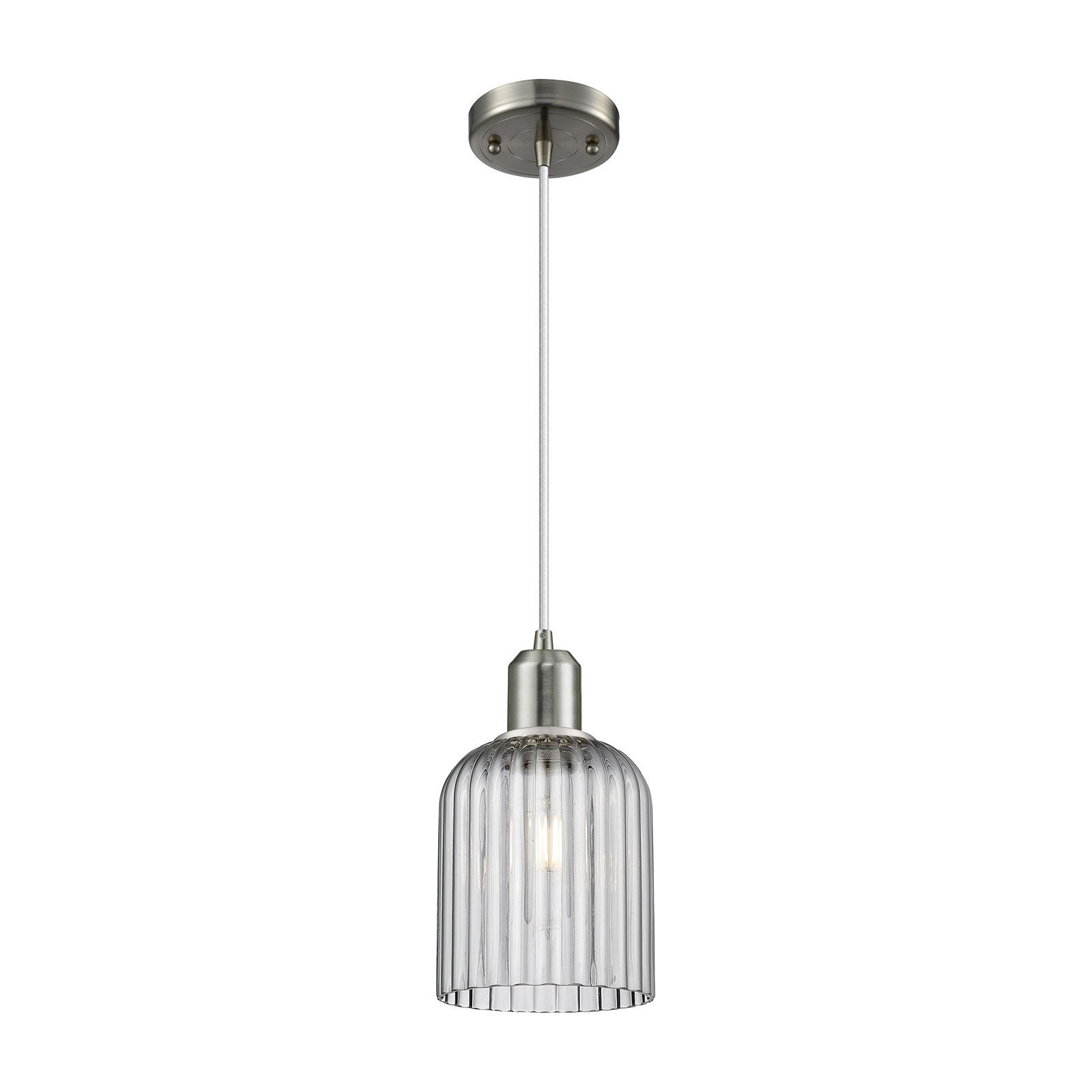 Innovations Bridal Veil 5in 1-Light Mini Pendant | Industrial Brushed Satin Nickel Steel and Light Smoke Ribbed Glass | Kitchen | Model 900-1P-SN-G559-5SM