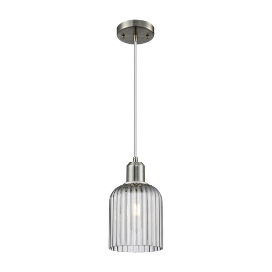 Innovations Bridal Veil 5in 1-Light Mini Pendant | Industrial Brushed Satin Nickel Steel and Light Smoke Ribbed Glass | Kitchen | Model 900-1P-SN-G559-5SM