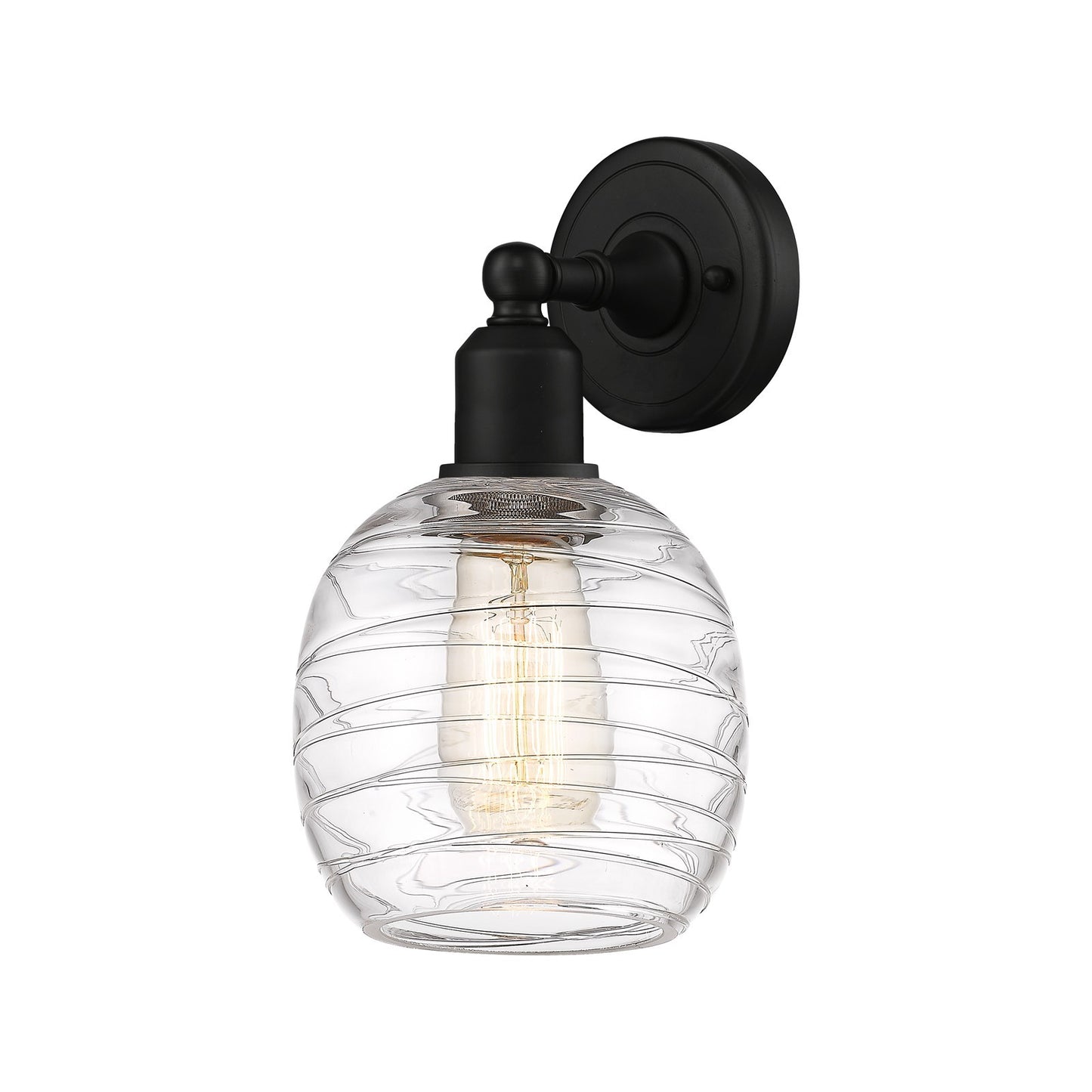 Innovations Belfast 6in 1-Light Wall Sconce | Industrial Matte Black Steel and Deco Swirl Glass | Bathroom & Hallway Accent | Model 900-1W-BK-G1013
