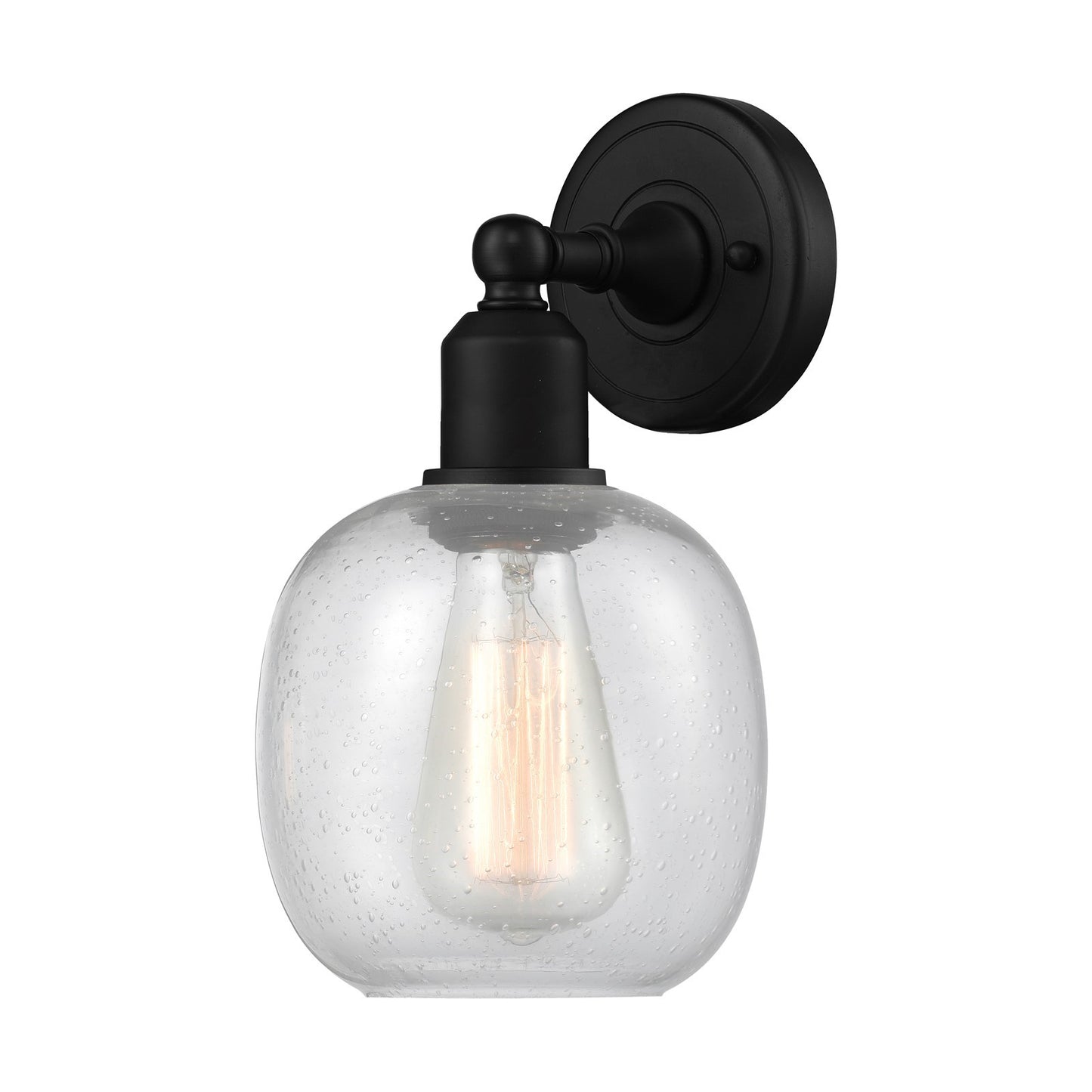 Innovations Belfast 6in 1-Light Wall Sconce | Industrial Matte Black Steel and Seedy Glass | Bathroom & Hallway | 6 x 10.88 in | Model 900-1W-BK-G104