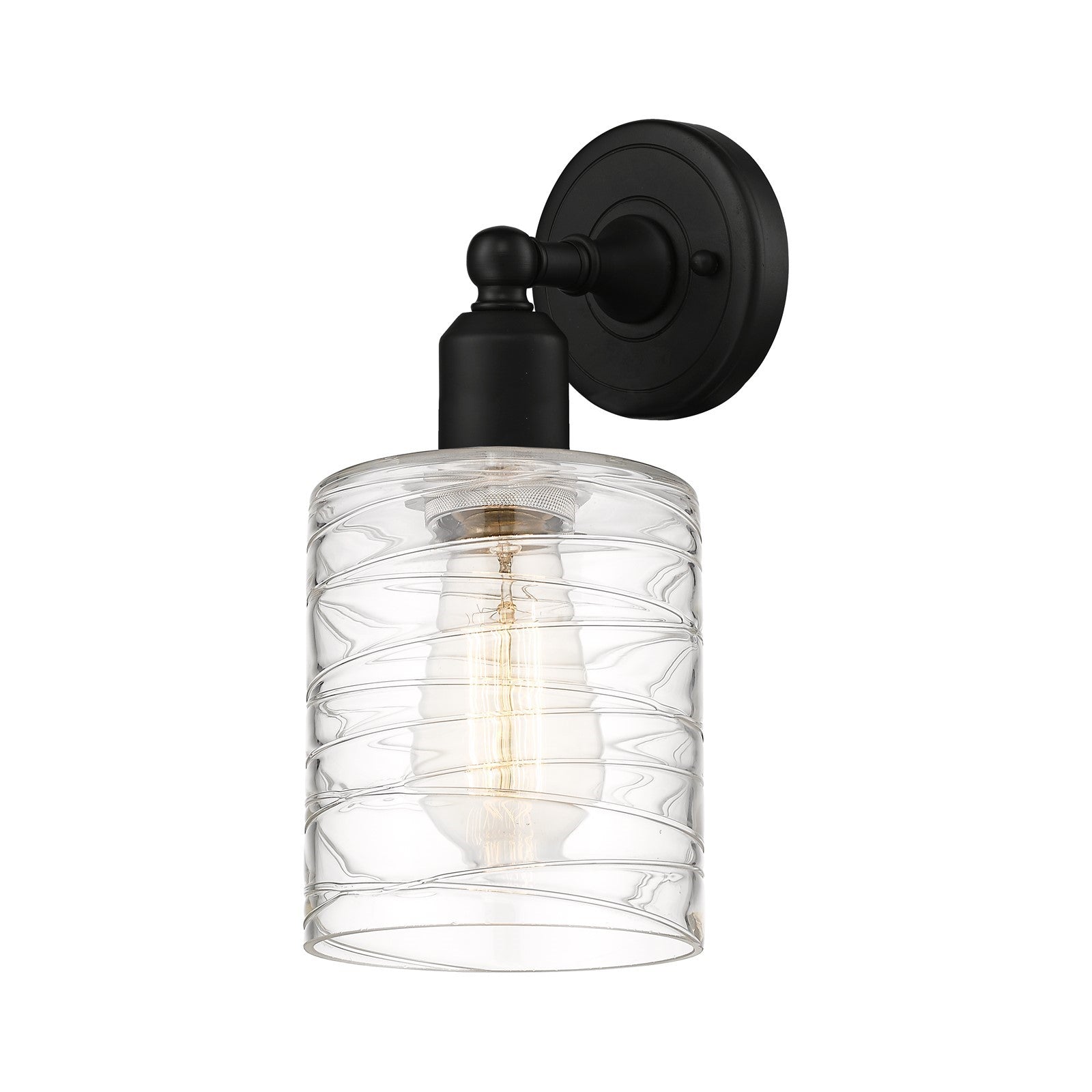 Innovations Cobbleskill 1-Light 5in Wall Sconce | Industrial Matte Black Steel and Cast Brass with Deco Swirl Glass | Bathroom & | Model 900-1W-BK-G1113