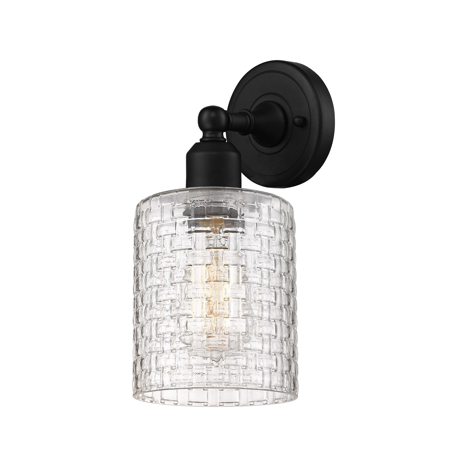 Innovations Cobbleskill 5in 1-Light Wall Sconce | Industrial Matte Black Steel and Clear Basket Weave Glass | Damp-Rated | Model 900-1W-BK-G112C-5CL