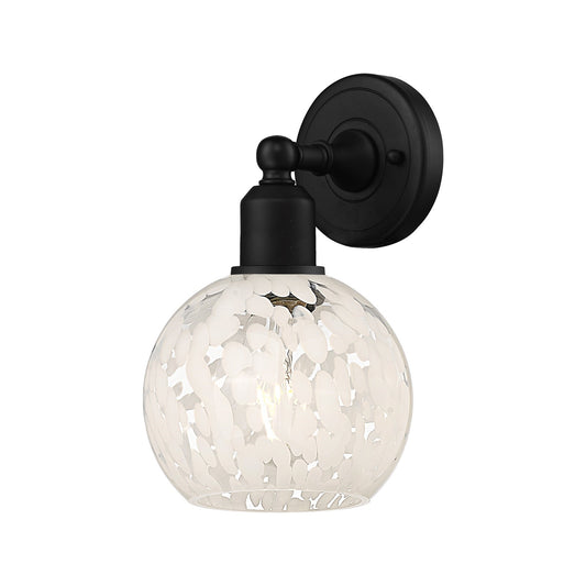 Innovations White Mouchette 6in 1-Light Wall Sconce | Industrial Matte Black Steel and Cast Brass White Mouchette Glass | Model 900-1W-BK-G1216-6WM