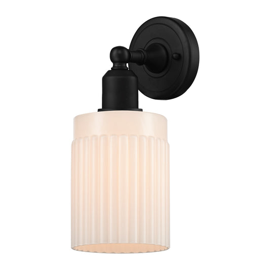 Innovations Hadley 1-Light 5in Wall Sconce | Industrial Matte Black Steel and Matte White Ribbed Glass | Living Room & Hallway | Model 900-1W-BK-G341