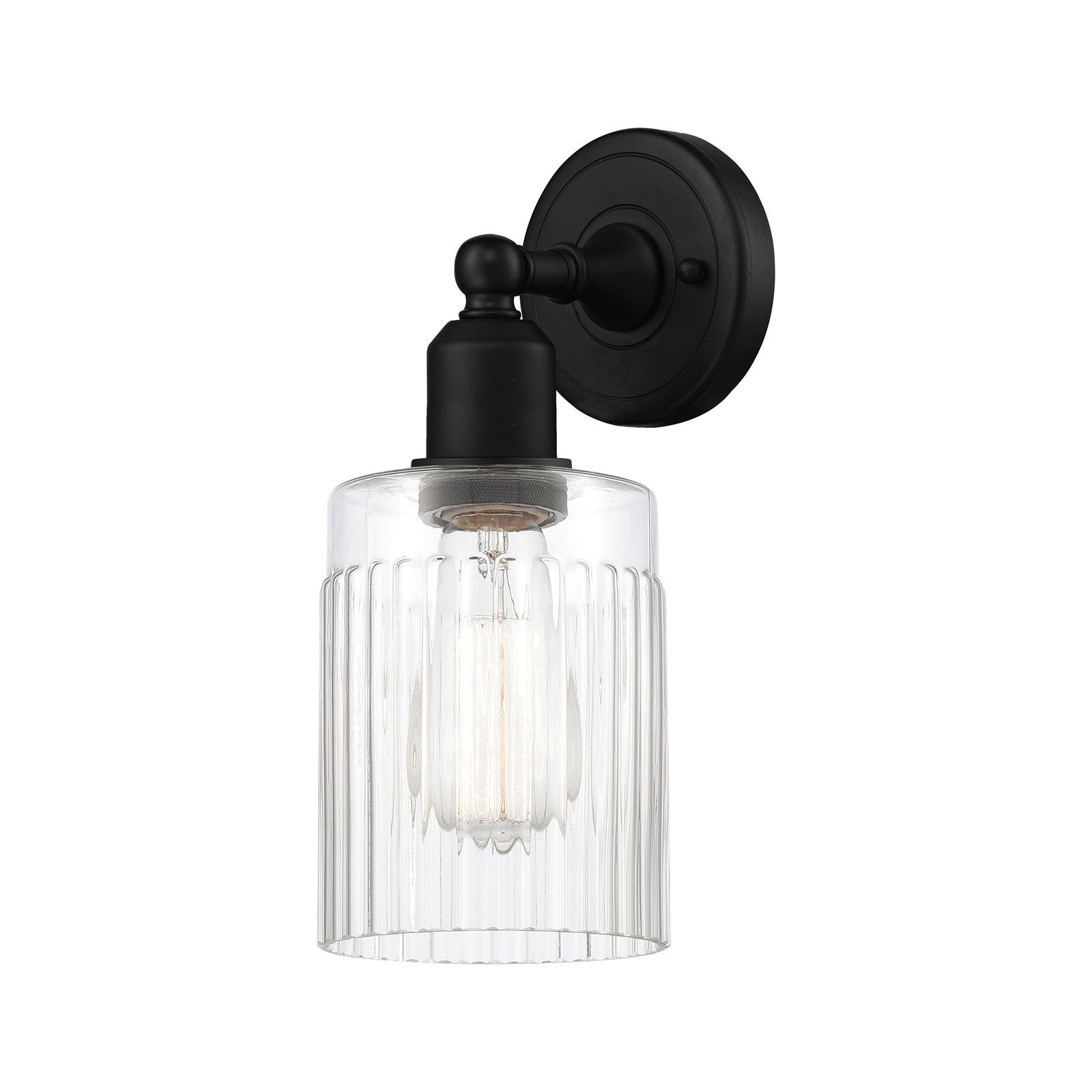Innovations Hadley 1-Light 4.5in Wall Sconce | Industrial Matte Black Steel and Clear Ribbed Glass | Damp Rated Hallway & Bathroom | Model 900-1W-BK-G342