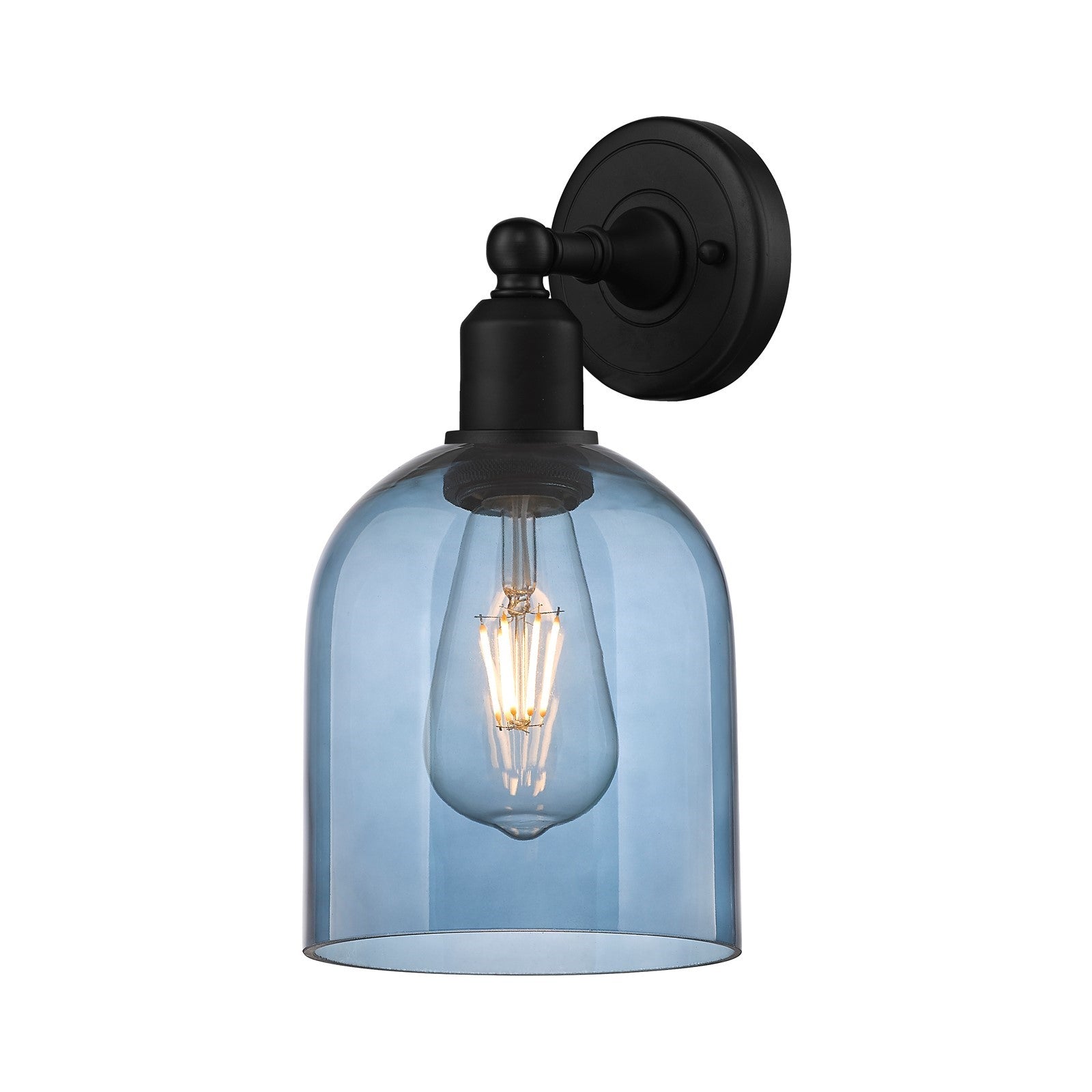 Innovations Bella 6in 1-Light Wall Sconce | Industrial Matte Black Steel and Blue Glass | Bedroom & Hallway Accent | Model 900-1W-BK-G558-6BL