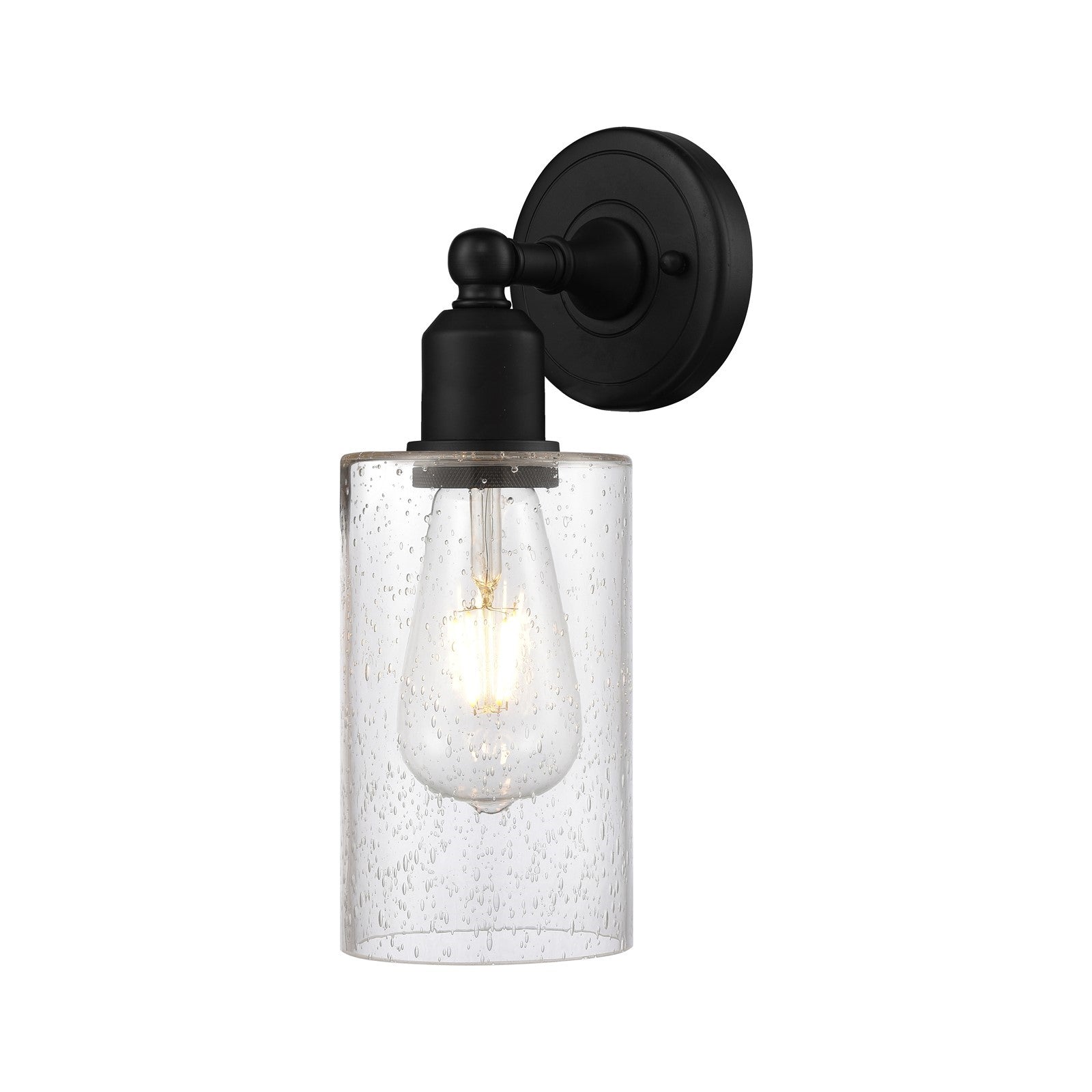 Innovations Clymer 1-Light 4in Wall Sconce | Industrial Matte Black Steel and Cast Brass with Seedy Glass Shade | Bedroom & Hallway | Model 900-1W-BK-G804