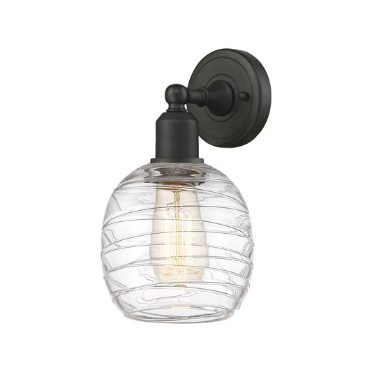 Innovations Belfast 6in 1-Light Wall Sconce | Industrial Oil Rubbed Bronze Steel and Deco Swirl Glass | Living Room & Hallway Damp | Model 900-1W-OB-G1013