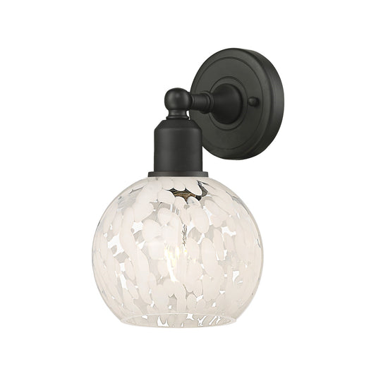 Innovations White Mouchette 6in 1-Light Wall Sconce | Industrial Oil Rubbed Bronze Steel and White Mouchette Glass | Damp | Model 900-1W-OB-G1216-6WM